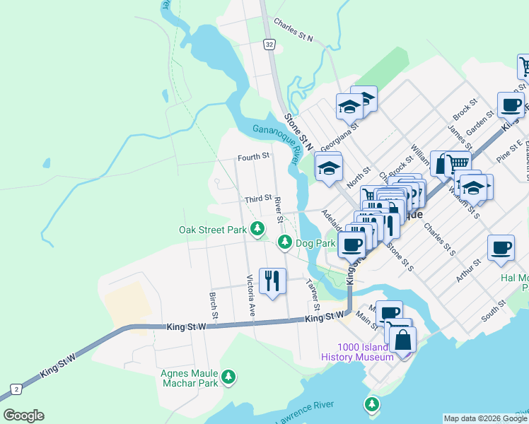 map of restaurants, bars, coffee shops, grocery stores, and more near 225 Oak Street in Gananoque