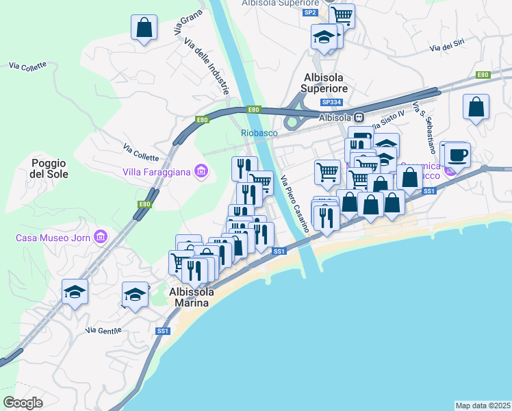 map of restaurants, bars, coffee shops, grocery stores, and more near 18 Corso Perata in Albissola Marina