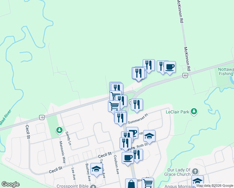 map of restaurants, bars, coffee shops, grocery stores, and more near 22 County Road 10 in Angus