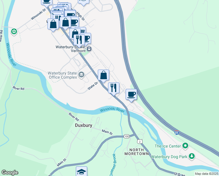 map of restaurants, bars, coffee shops, grocery stores, and more near 144 South Main Street in Waterbury Village Historic District