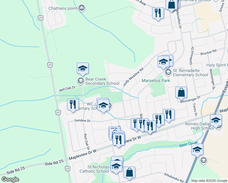 map of restaurants, bars, coffee shops, grocery stores, and more near 15 Woodfern Court in Barrie