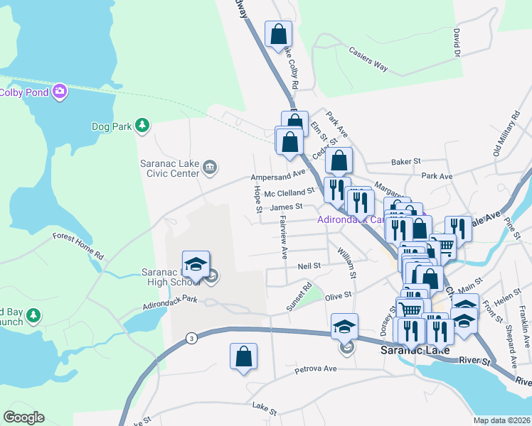 map of restaurants, bars, coffee shops, grocery stores, and more near 16 James Street in Saranac Lake