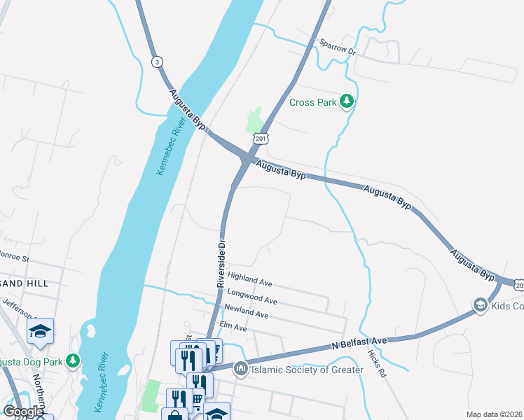 map of restaurants, bars, coffee shops, grocery stores, and more near 199 Riverside Drive in Augusta