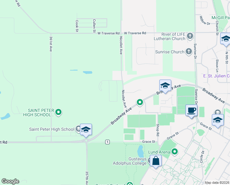 map of restaurants, bars, coffee shops, grocery stores, and more near 2016 Pratt Circle in Saint Peter