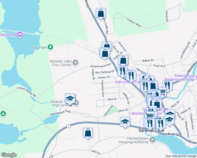 map of restaurants, bars, coffee shops, grocery stores, and more near 16 James Street in Saranac Lake