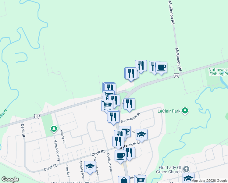 map of restaurants, bars, coffee shops, grocery stores, and more near 22 County Road 10 in Angus
