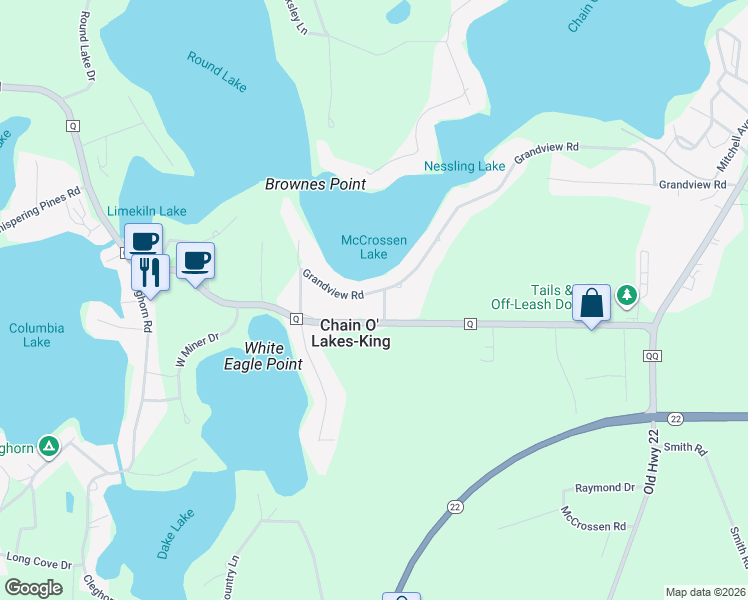 map of restaurants, bars, coffee shops, grocery stores, and more near E1373 Grandview Road in Waupaca