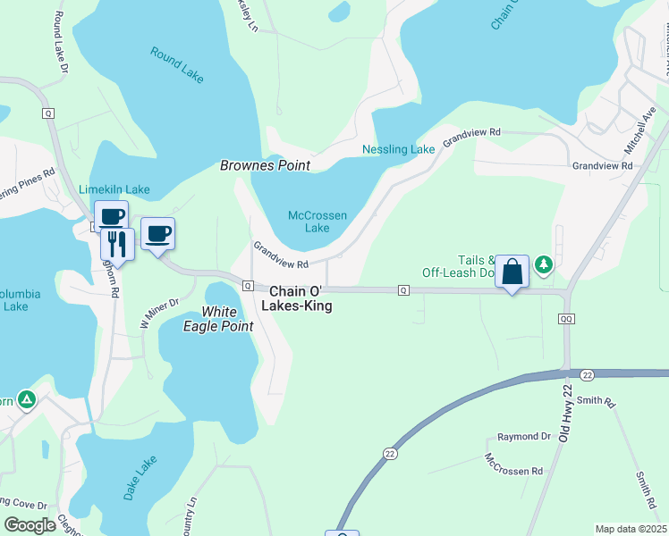 map of restaurants, bars, coffee shops, grocery stores, and more near E1373 Grandview Road in Waupaca
