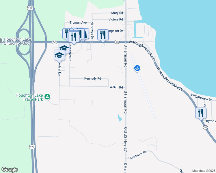map of restaurants, bars, coffee shops, grocery stores, and more near 150 Welch Road in Houghton Lake