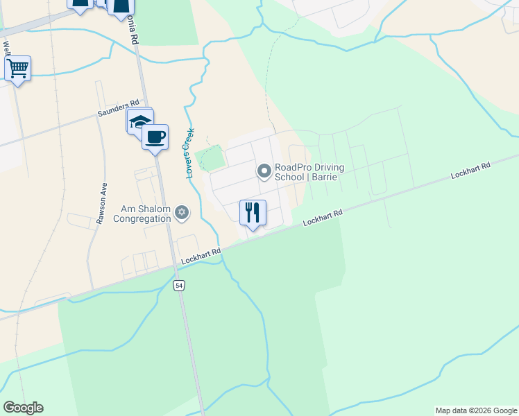 map of restaurants, bars, coffee shops, grocery stores, and more near 16 Glenhill Drive in Barrie