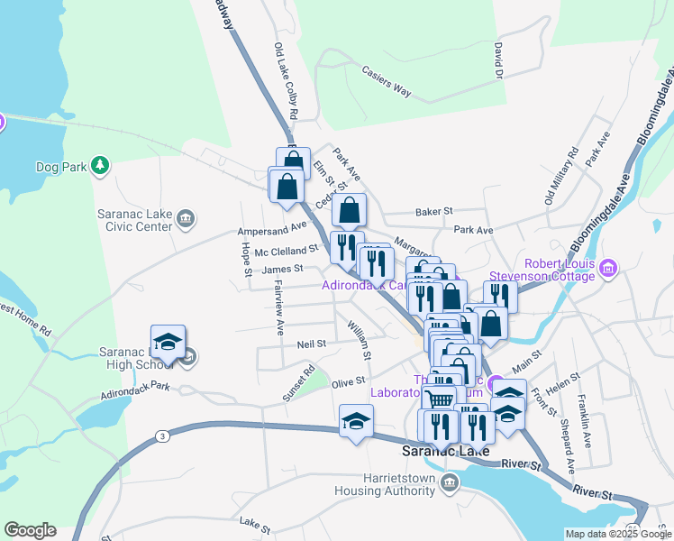 map of restaurants, bars, coffee shops, grocery stores, and more near 6 Garden Street in Saranac Lake