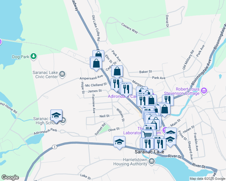 map of restaurants, bars, coffee shops, grocery stores, and more near 183 Broadway in Saranac Lake