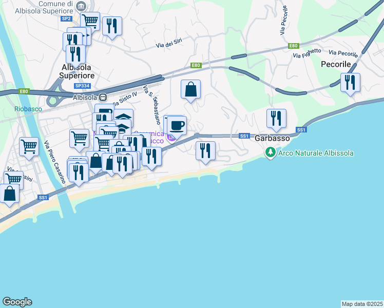 map of restaurants, bars, coffee shops, grocery stores, and more near 1 Via al Mare in Albisola Superiore