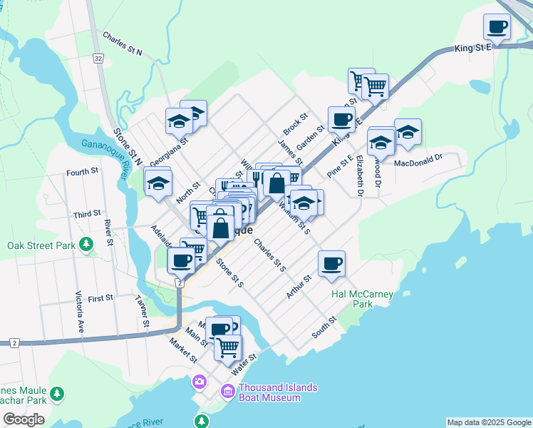 map of restaurants, bars, coffee shops, grocery stores, and more near 280 King Street East in Gananoque