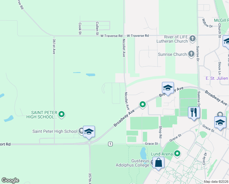 map of restaurants, bars, coffee shops, grocery stores, and more near 2016 Pratt Circle in Saint Peter