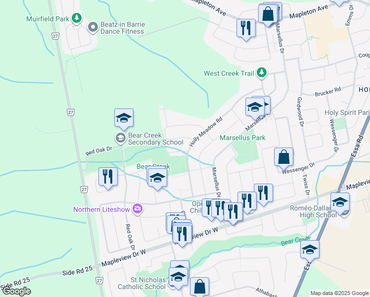 map of restaurants, bars, coffee shops, grocery stores, and more near 4 Woodfern Court in Barrie