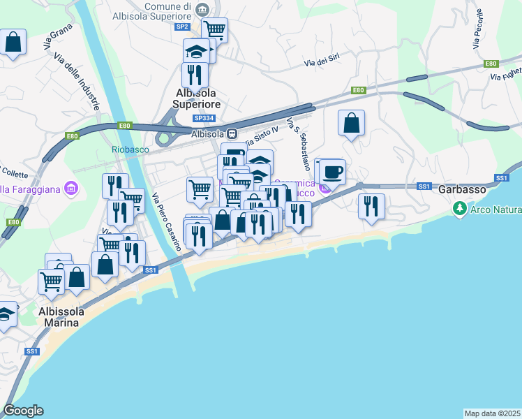map of restaurants, bars, coffee shops, grocery stores, and more near 138 Corso Ferrari in Albisola Superiore