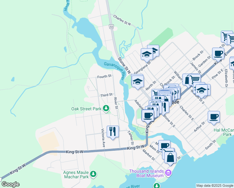 map of restaurants, bars, coffee shops, grocery stores, and more near 295 River Street in Gananoque