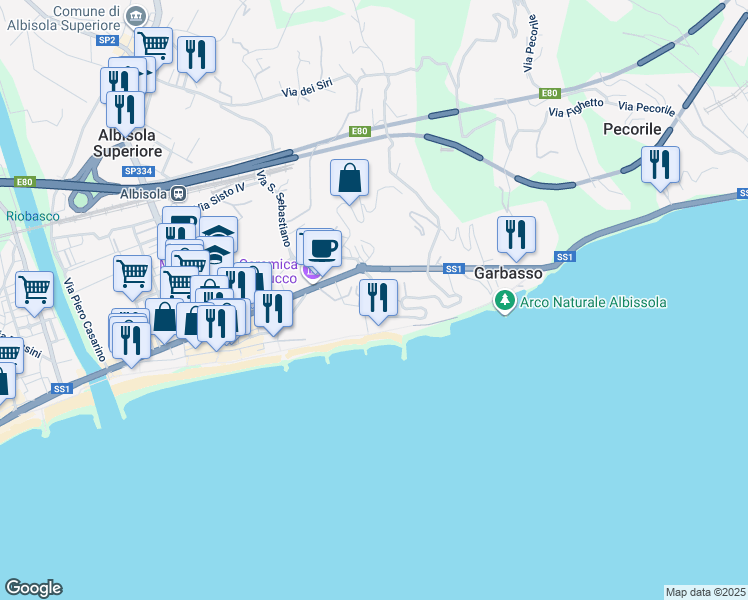 map of restaurants, bars, coffee shops, grocery stores, and more near 1 Via al Mare in Albisola Superiore