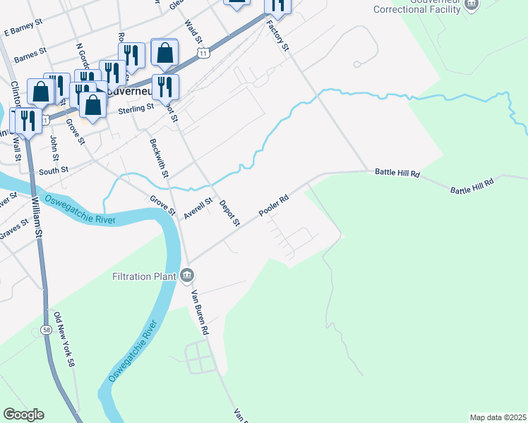 map of restaurants, bars, coffee shops, grocery stores, and more near 81 Pooler Rd in Gouverneur