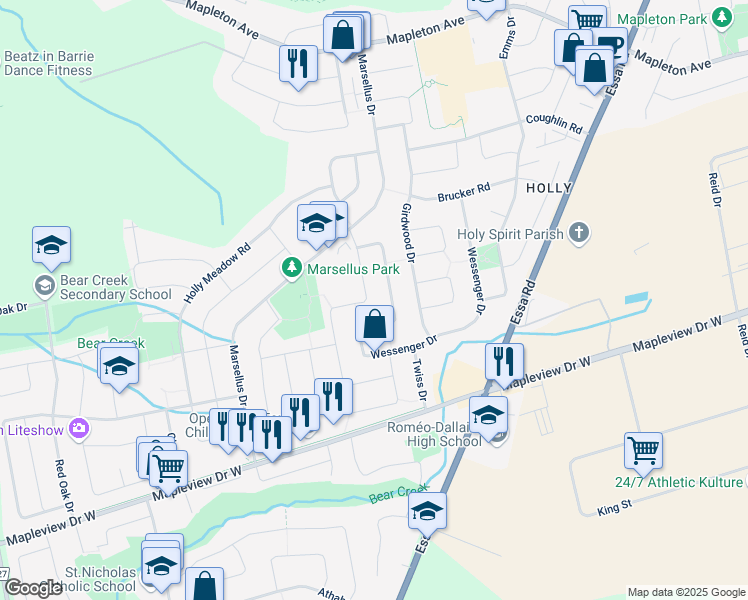 map of restaurants, bars, coffee shops, grocery stores, and more near 45 Churchland Drive in Barrie