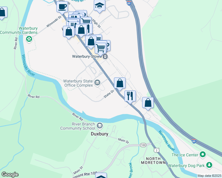 map of restaurants, bars, coffee shops, grocery stores, and more near 36 State Drive in Waterbury Village Historic District