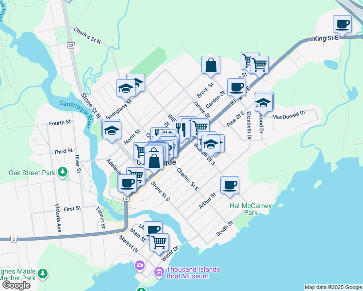 map of restaurants, bars, coffee shops, grocery stores, and more near 280 King Street East in Gananoque