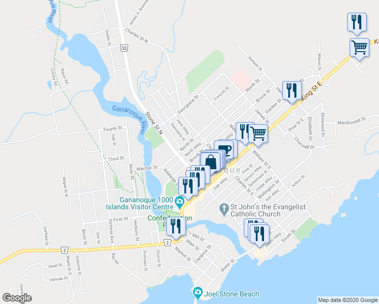 map of restaurants, bars, coffee shops, grocery stores, and more near in Gananoque