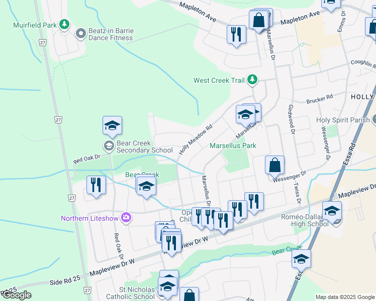 map of restaurants, bars, coffee shops, grocery stores, and more near 81 Holly Meadow Road in Barrie