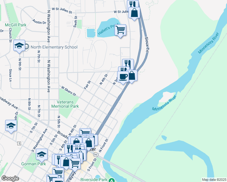 map of restaurants, bars, coffee shops, grocery stores, and more near 720 North 3rd Street in Saint Peter