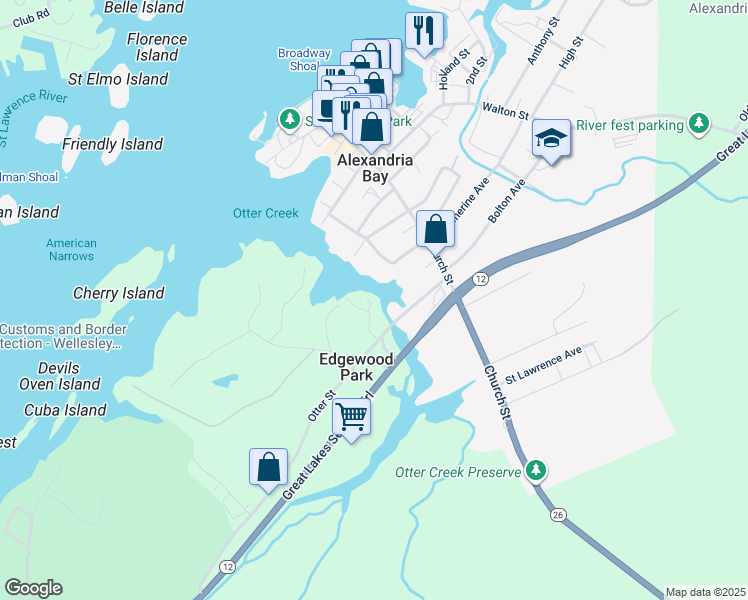 map of restaurants, bars, coffee shops, grocery stores, and more near 45862 Rabbit Hill Road in Alexandria Bay