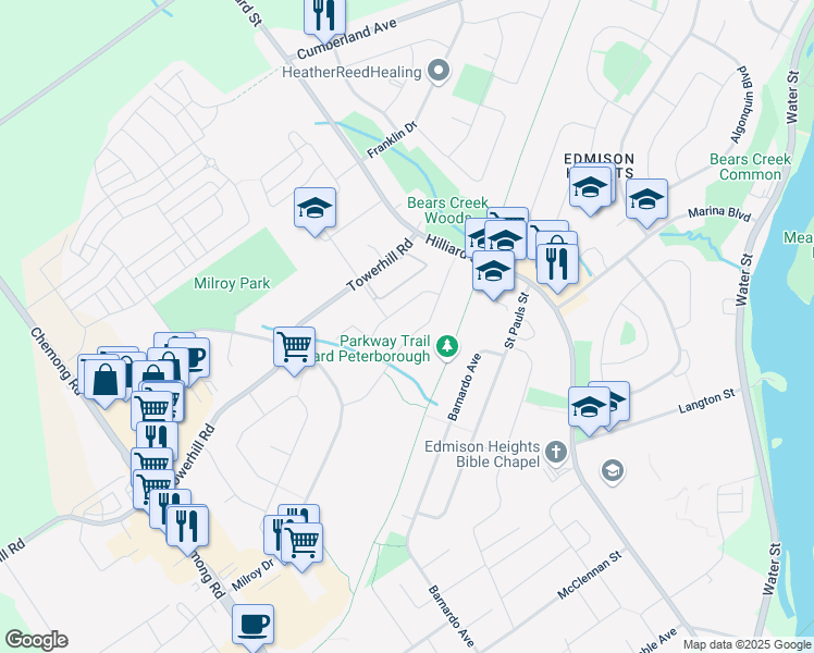 map of restaurants, bars, coffee shops, grocery stores, and more near 232 Evans Drive in Peterborough
