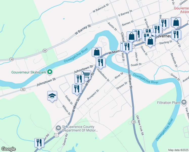 map of restaurants, bars, coffee shops, grocery stores, and more near 14-16 Hailesboro Street in Gouverneur