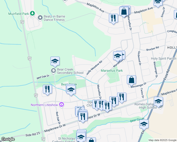 map of restaurants, bars, coffee shops, grocery stores, and more near 21 Kenwell Crescent in Barrie