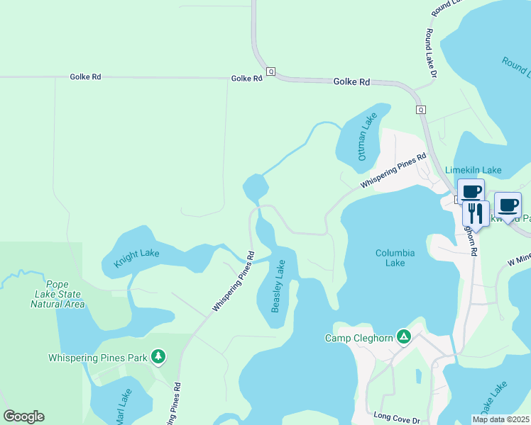 map of restaurants, bars, coffee shops, grocery stores, and more near E938 Whispering Pines Road in Waupaca