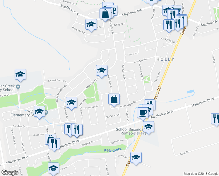 map of restaurants, bars, coffee shops, grocery stores, and more near 36 Churchland Drive in Barrie