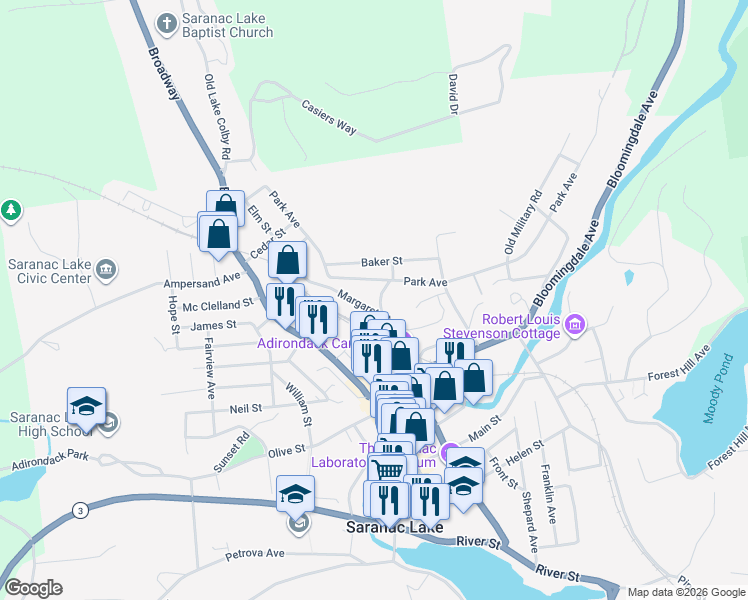 map of restaurants, bars, coffee shops, grocery stores, and more near 134 Park Avenue in Saranac Lake