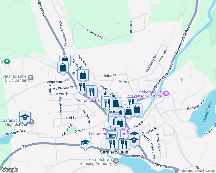 map of restaurants, bars, coffee shops, grocery stores, and more near 15 Circle Street in Saranac Lake