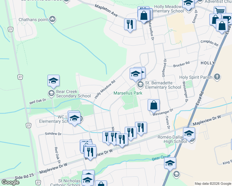 map of restaurants, bars, coffee shops, grocery stores, and more near 23 Butternut Drive in Barrie