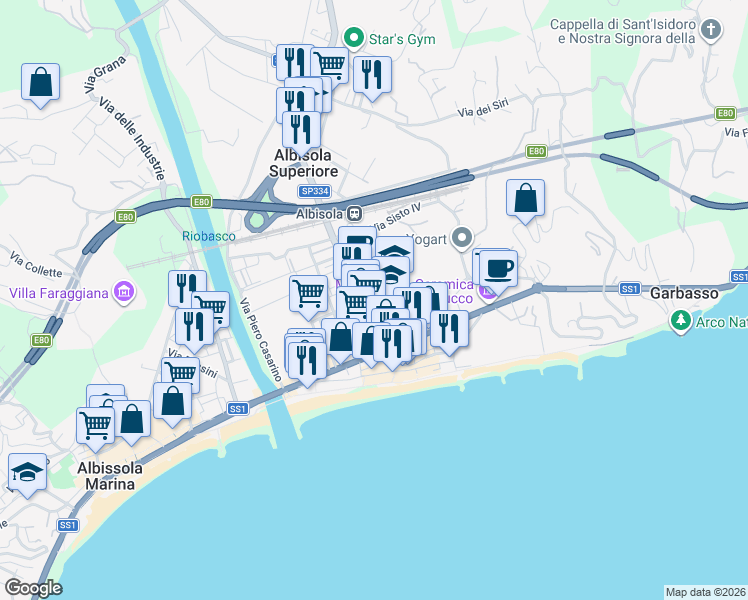 map of restaurants, bars, coffee shops, grocery stores, and more near 6 Via dei Capello in Albisola Superiore