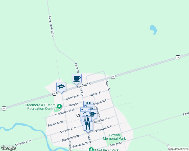 map of restaurants, bars, coffee shops, grocery stores, and more near 13 Jardine Crescent in Creemore