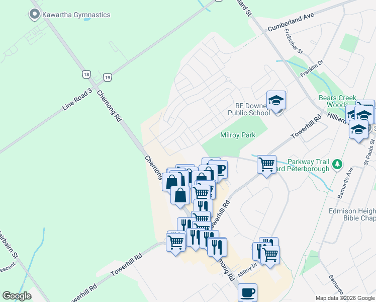 map of restaurants, bars, coffee shops, grocery stores, and more near 481 Grange Way in Peterborough