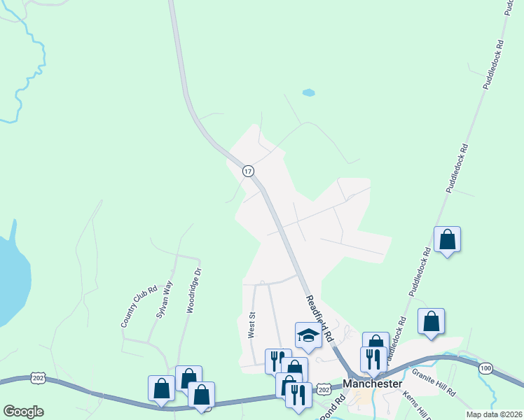map of restaurants, bars, coffee shops, grocery stores, and more near 132 Readfield Road in Manchester