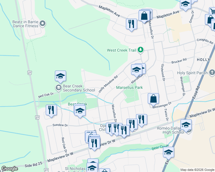 map of restaurants, bars, coffee shops, grocery stores, and more near 69 Holly Meadow Road in Barrie