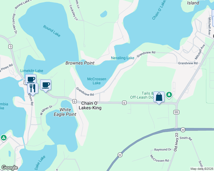 map of restaurants, bars, coffee shops, grocery stores, and more near E1406 Grandview Road in Waupaca