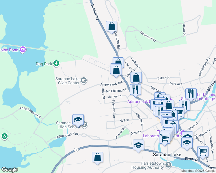 map of restaurants, bars, coffee shops, grocery stores, and more near 288 Ampersand Avenue in Saranac Lake