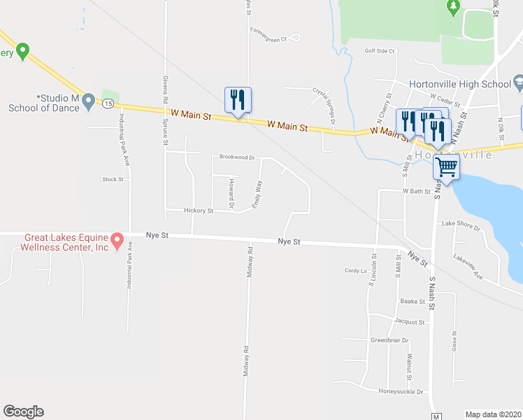 map of restaurants, bars, coffee shops, grocery stores, and more near 218 Emily Way in Hortonville