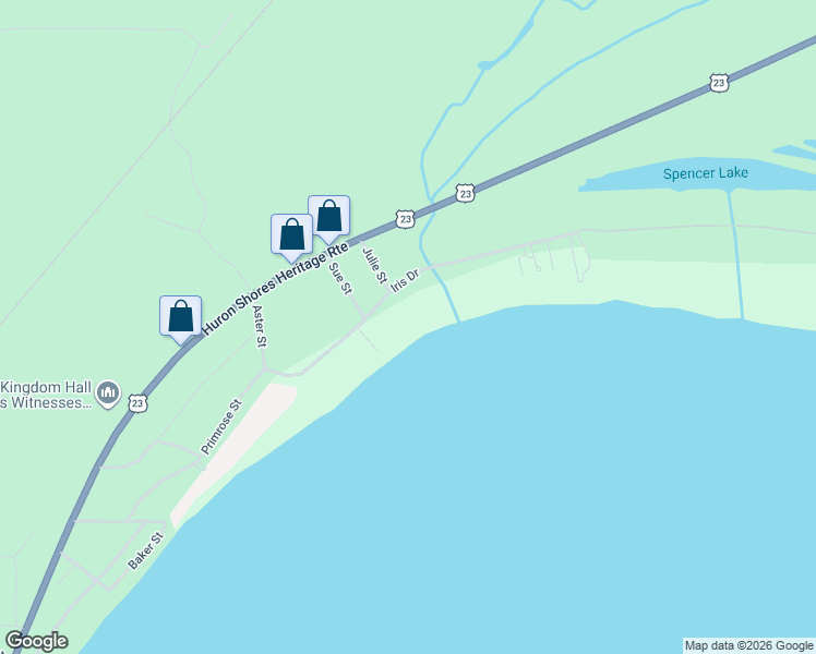 map of restaurants, bars, coffee shops, grocery stores, and more near 1866-3882 Iris Drive in East Tawas