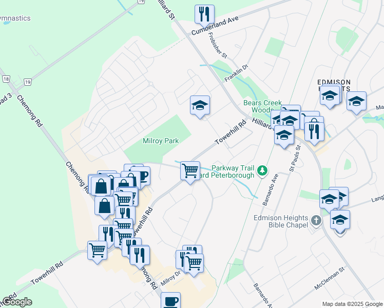 map of restaurants, bars, coffee shops, grocery stores, and more near 152 Towerhill Road in Peterborough