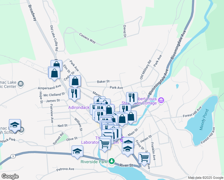 map of restaurants, bars, coffee shops, grocery stores, and more near 170 Park Avenue in Saranac Lake